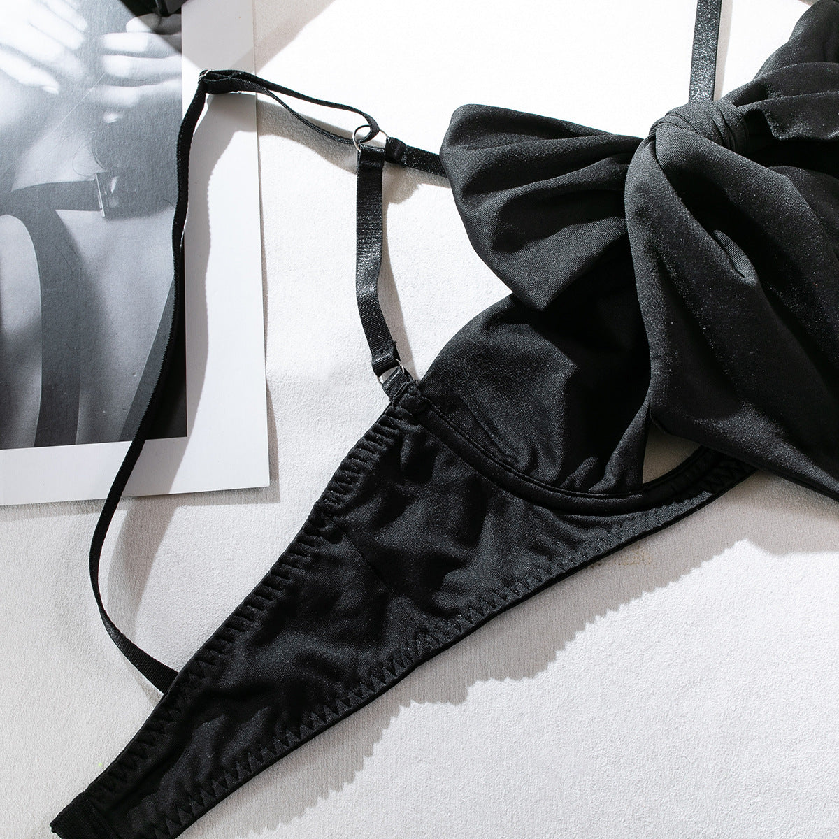 Satin Bow Bra Thong And Glove Set - Black - 8