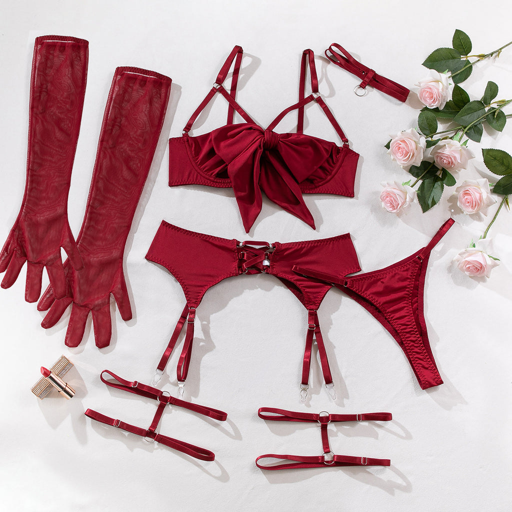 Satin Bow Bra Thong And Glove Set - Burgundy