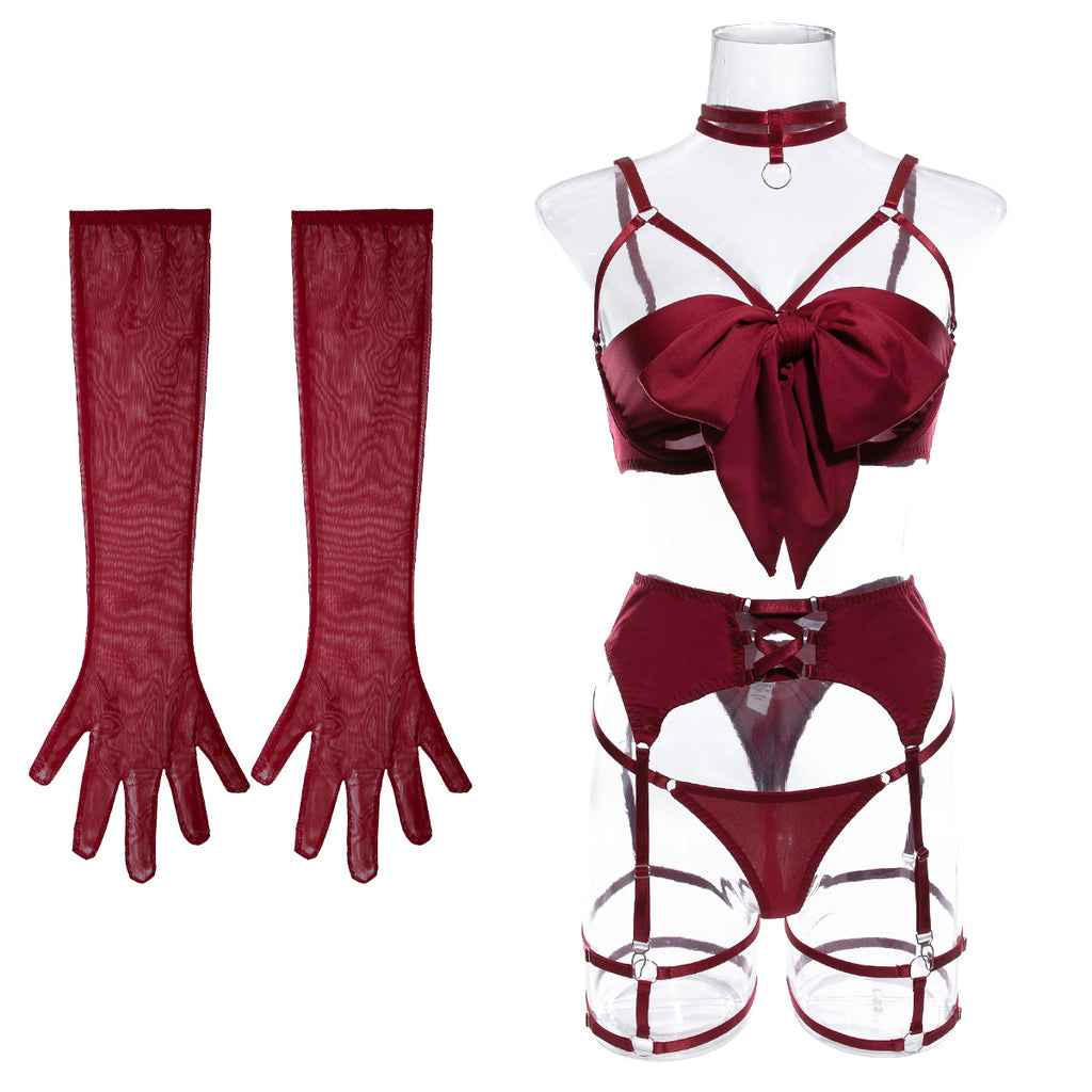 Satin Bow Bra Thong And Glove Set - Burgundy - 1