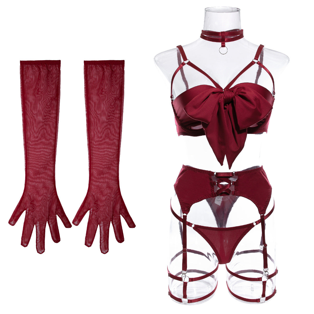 Satin Bow Bra Thong And Glove Set - Burgundy - 1