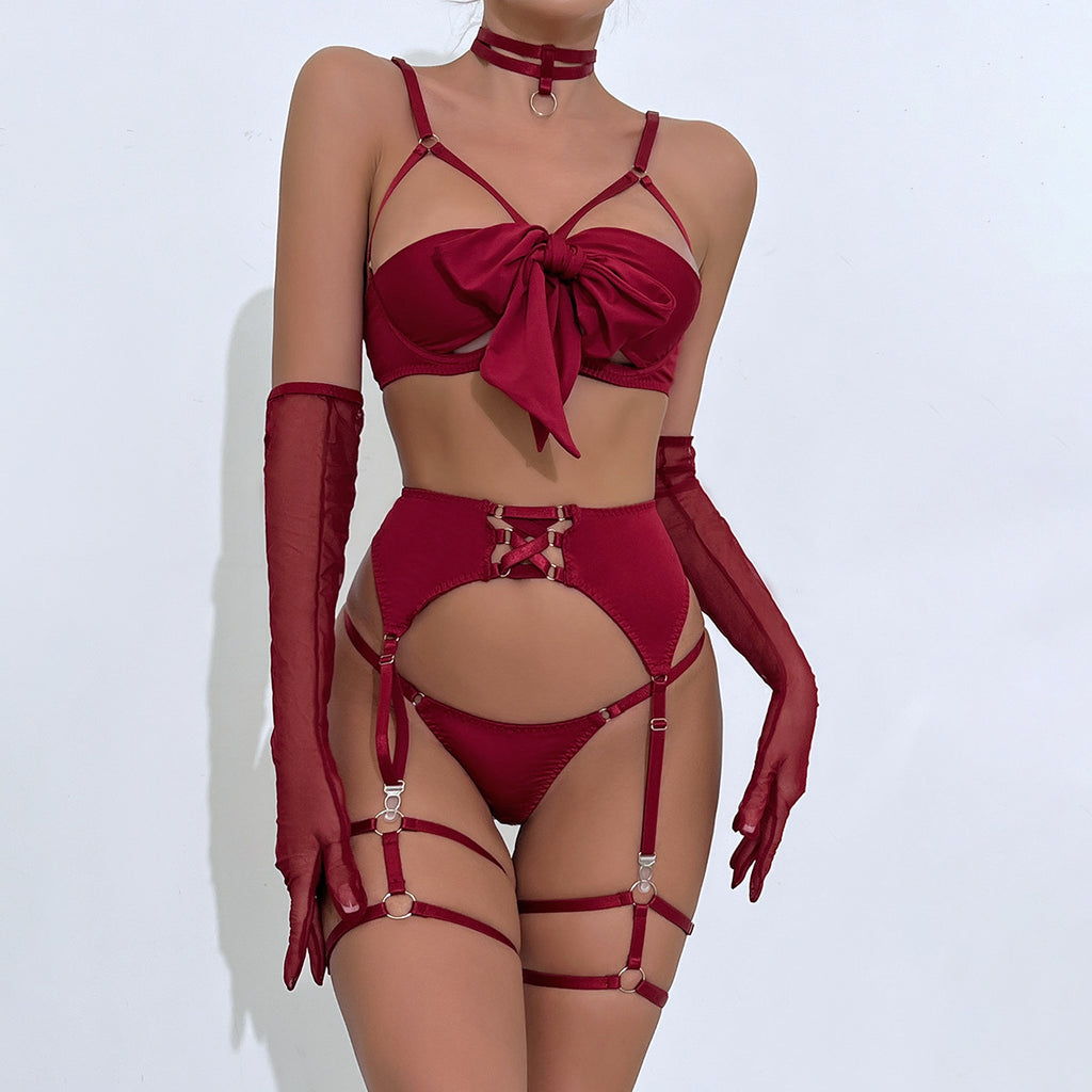 Satin Bow Bra Thong And Glove Set - Burgundy - 11