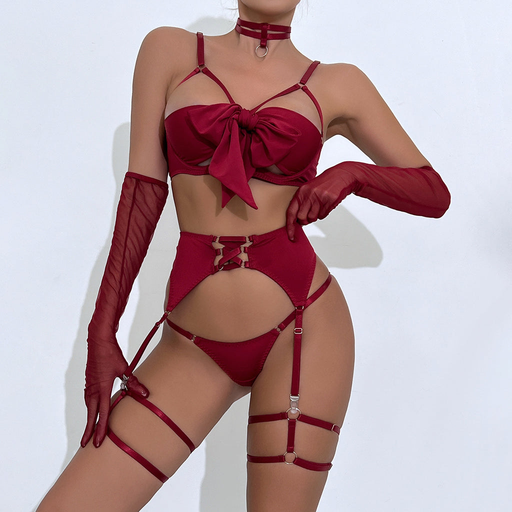 Satin Bow Bra Thong And Glove Set - Burgundy - 14