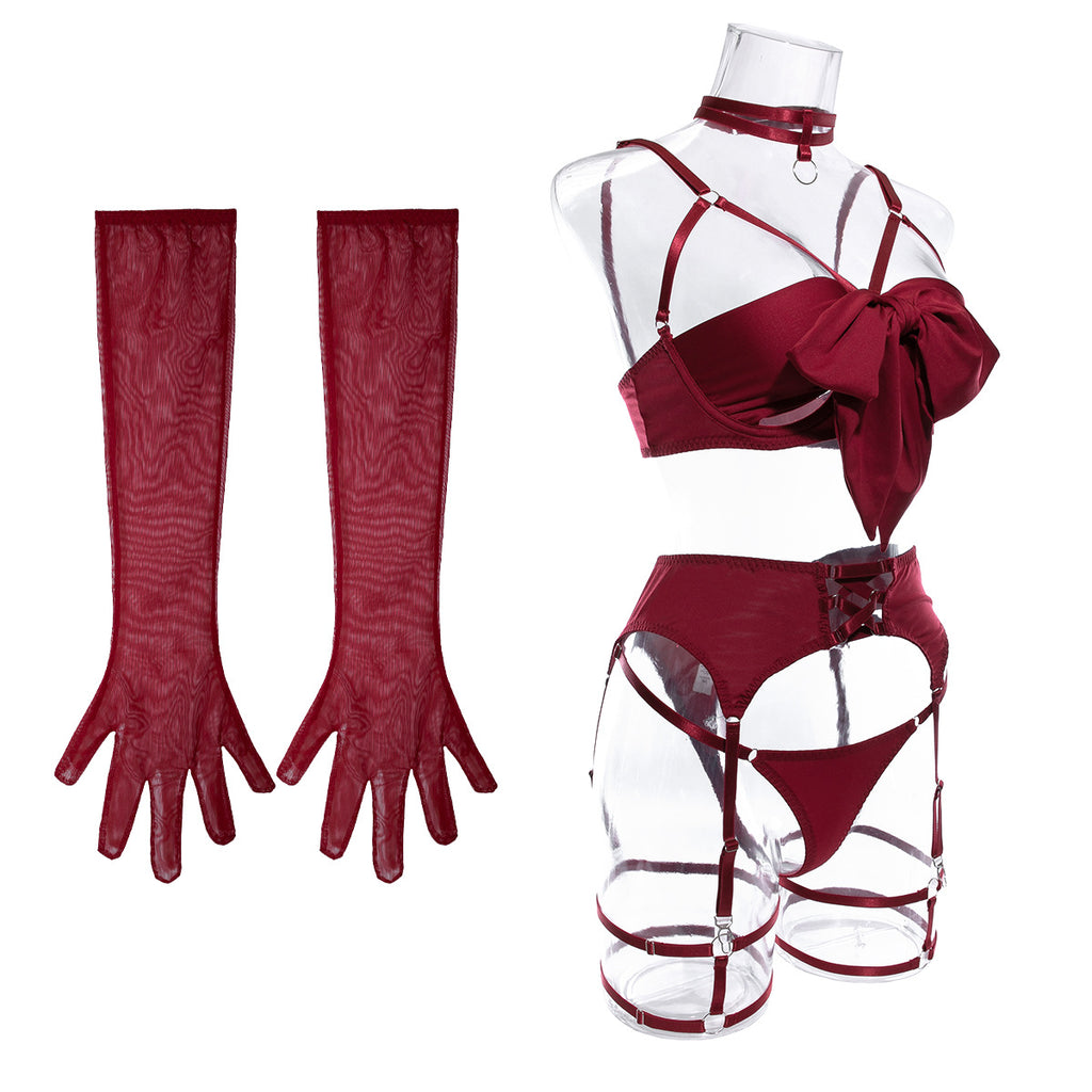 Satin Bow Bra Thong And Glove Set - Burgundy - 2