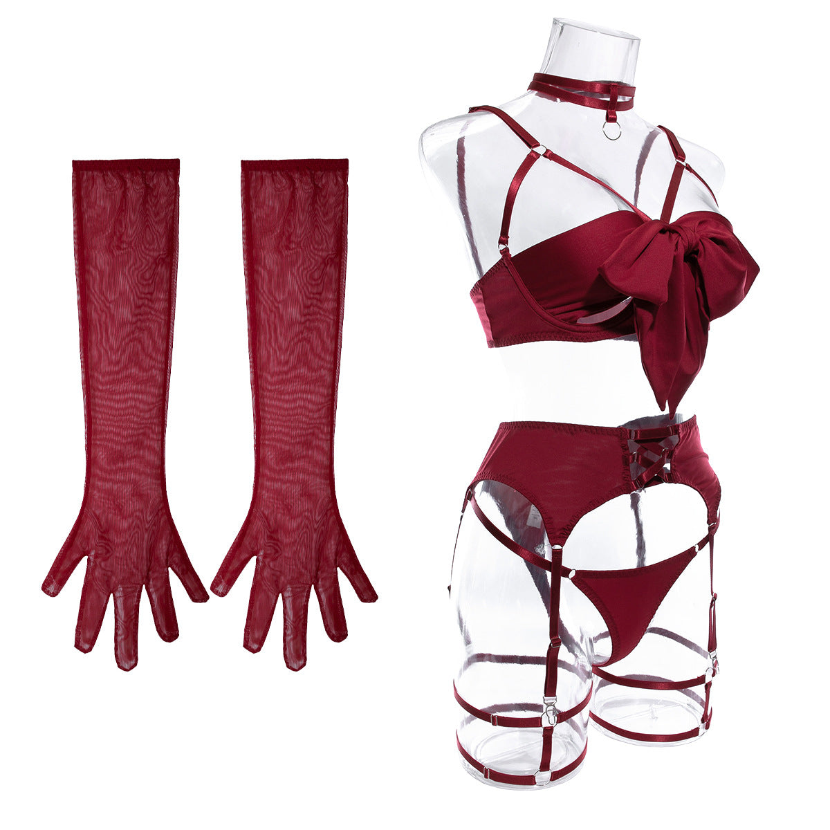Satin Bow Bra Thong And Glove Set - Burgundy - 2
