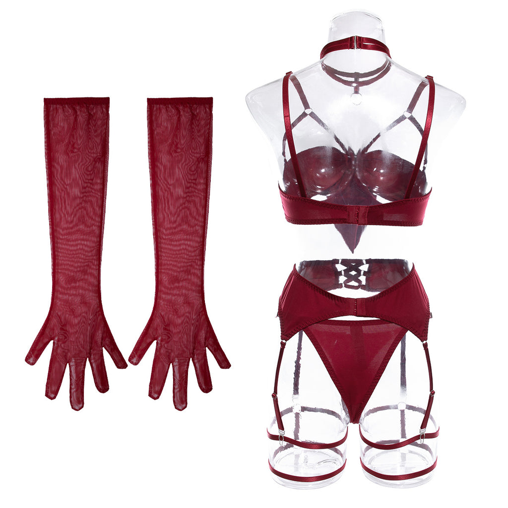 Satin Bow Bra Thong And Glove Set - Burgundy - 3
