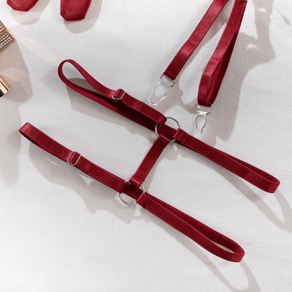 Satin Bow Bra Thong And Glove Set - Burgundy - 5