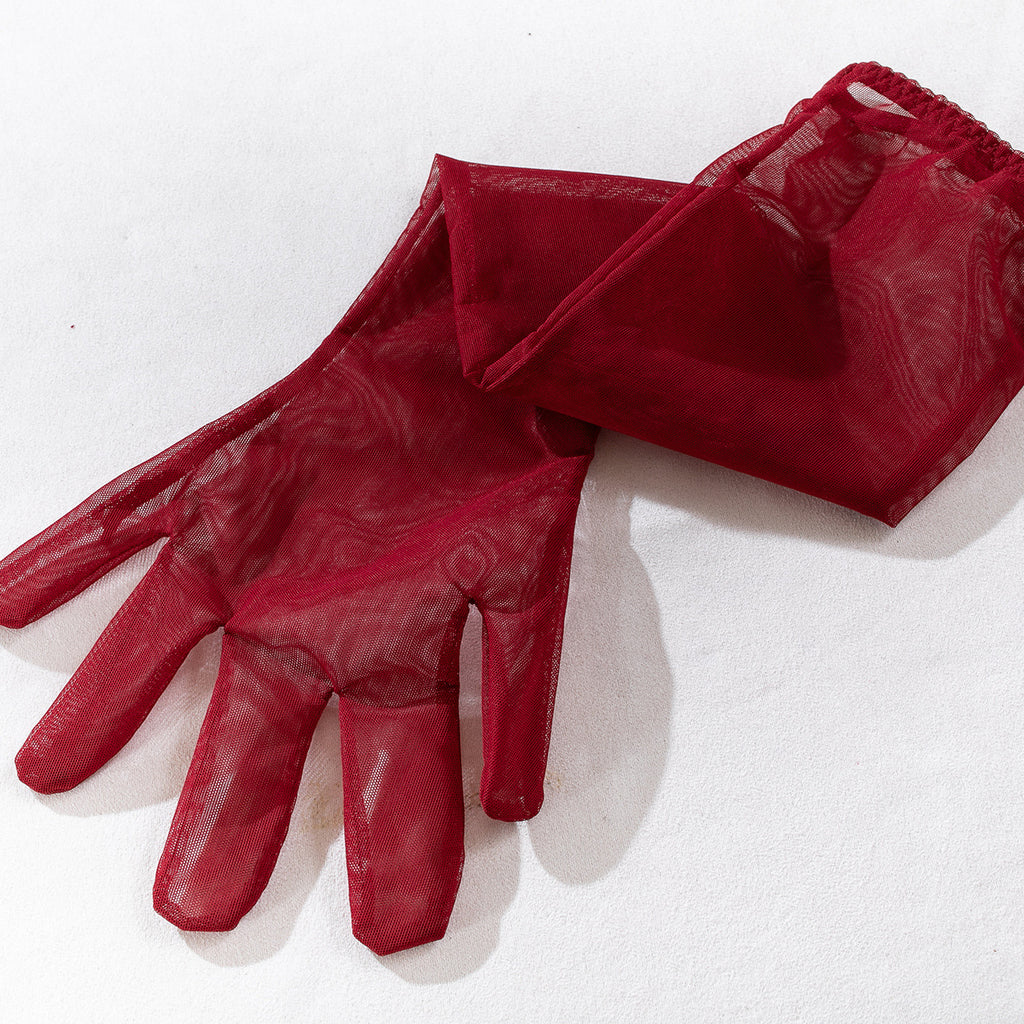 Satin Bow Bra Thong And Glove Set - Burgundy - 9