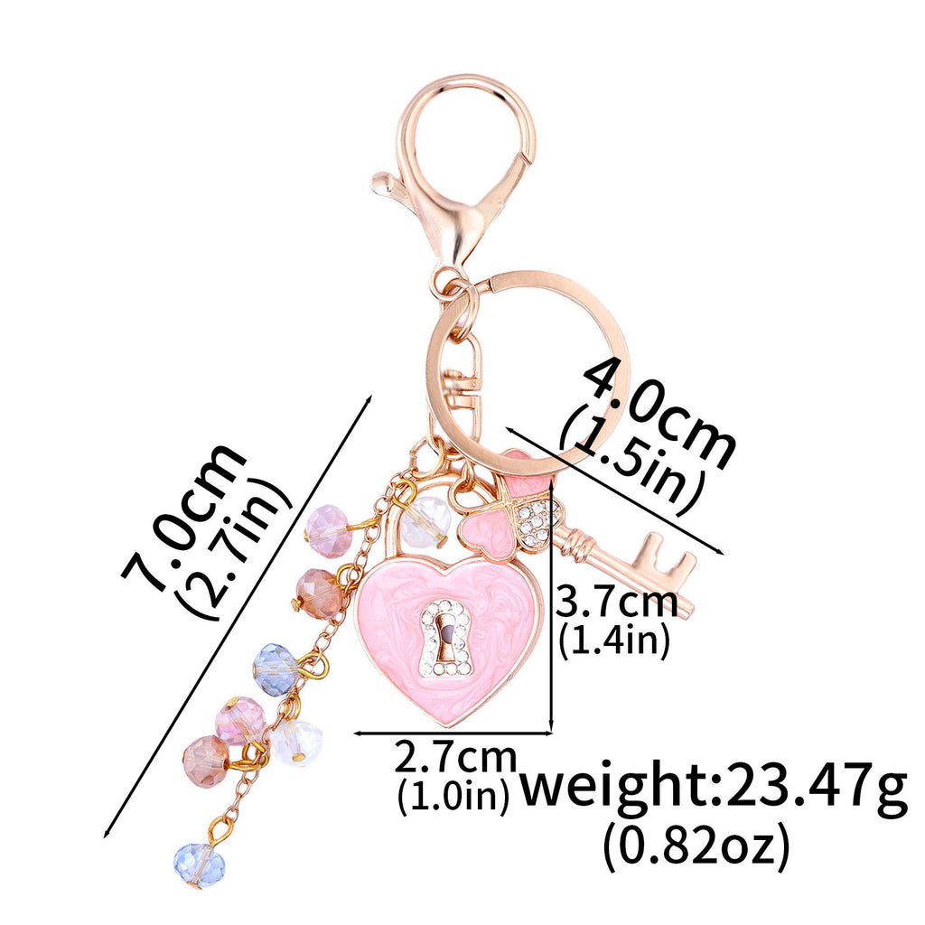 Heart Lock Key Beaded Tassel Keychain - Pink - 1