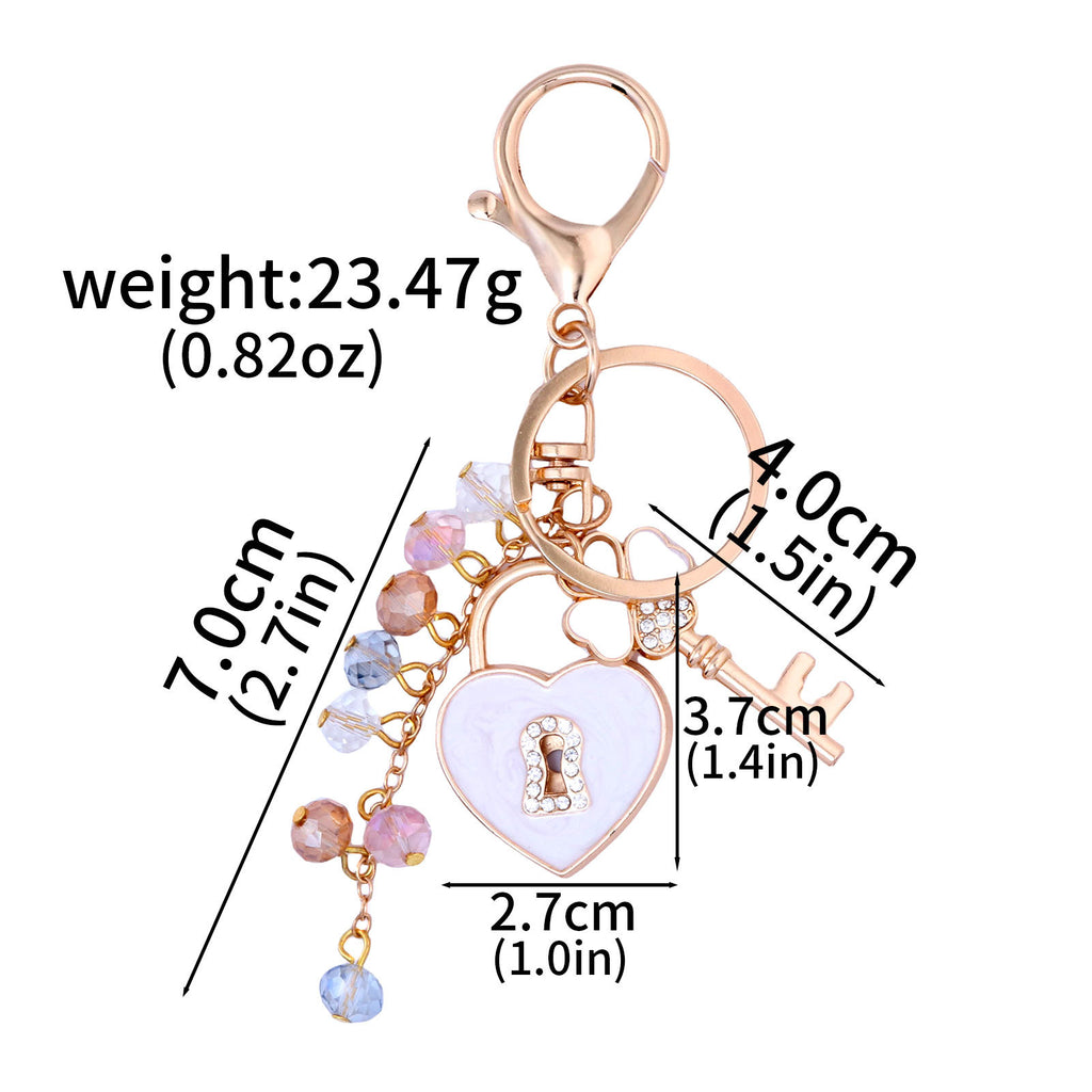 Heart Lock Key Beaded Tassel Keychain - White
