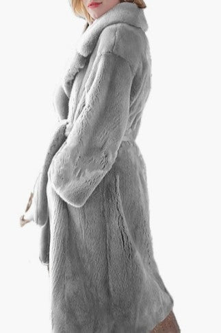 Tie Waist Teddy Faux Fur Long Coat - Ash