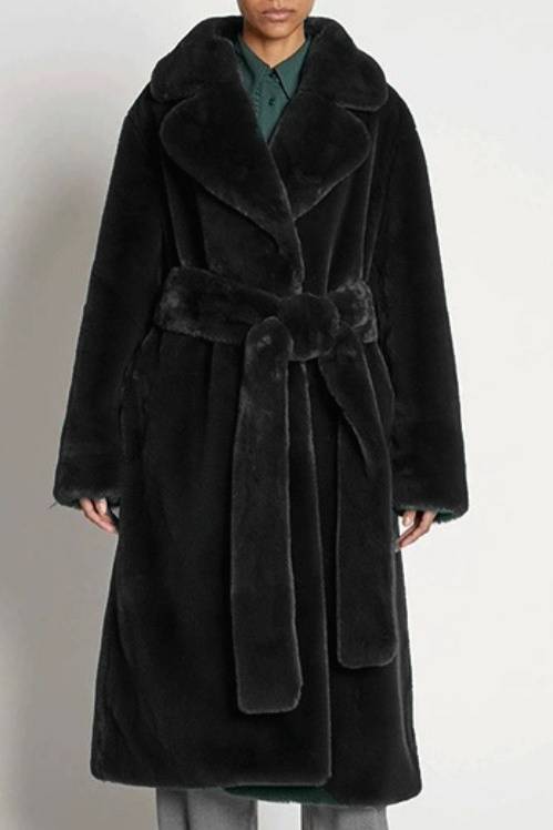 Tie Waist Teddy Faux Fur Long Coat - Black