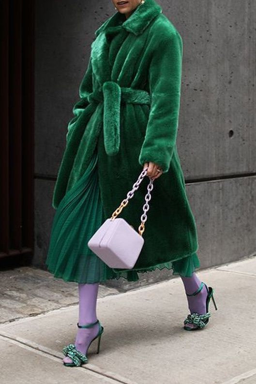 Tie Waist Teddy Faux Fur Long Coat - Emerald