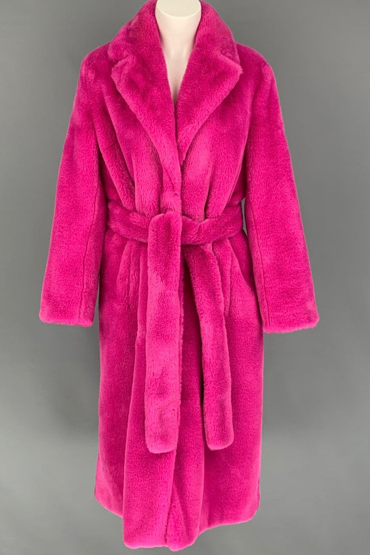 Tie Waist Teddy Faux Fur Long Coat - Fuchsia