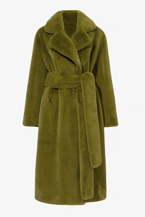 Tie Waist Teddy Faux Fur Long Coat - Moss