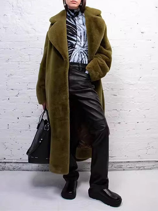 Tie Waist Teddy Faux Fur Long Coat - Moss - 1