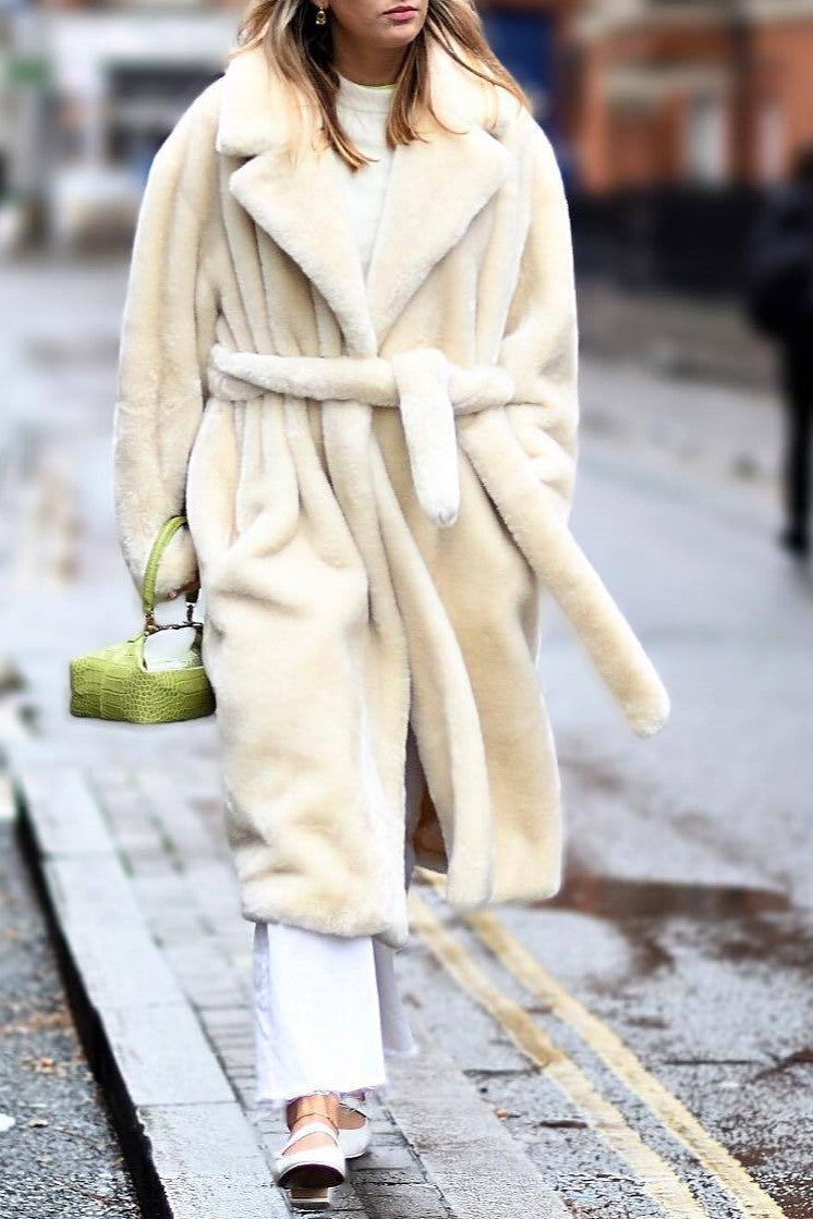 Tie Waist Teddy Faux Fur Long Coat - Offwhite - 1