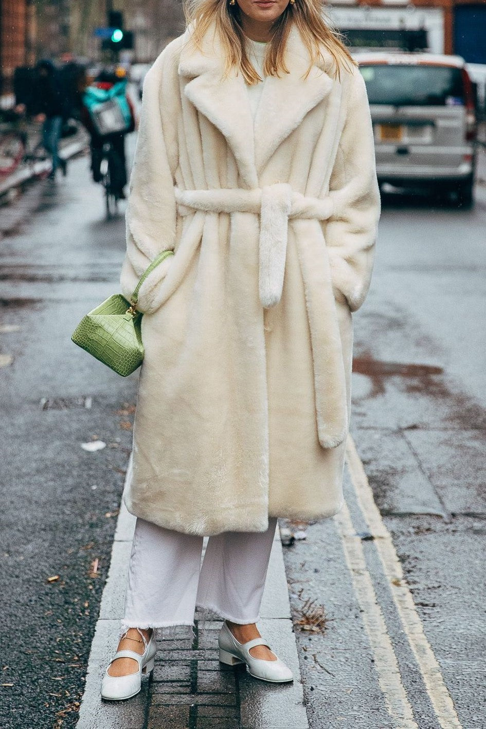 Tie Waist Teddy Faux Fur Long Coat - Offwhite - 4