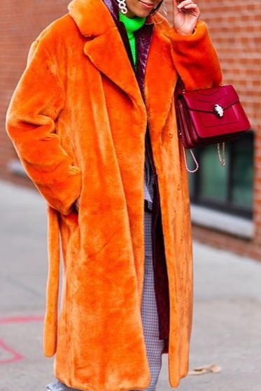 Tie Waist Teddy Faux Fur Long Coat - Orange