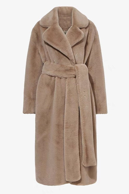 Tie Waist Teddy Faux Fur Long Coat - RawUmber
