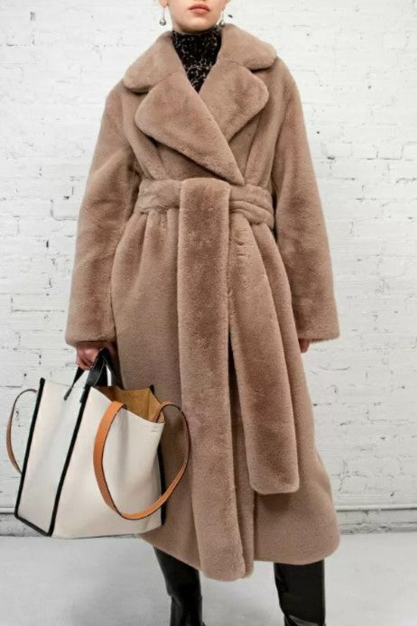 Tie Waist Teddy Faux Fur Long Coat - RawUmber - 1