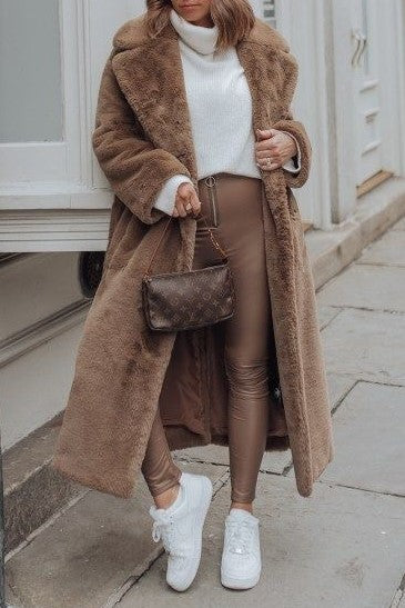Tie Waist Teddy Faux Fur Long Coat - RawUmber - 2
