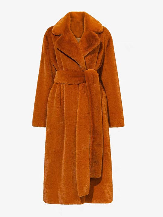 Tie Waist Teddy Faux Fur Long Coat - RedOchre