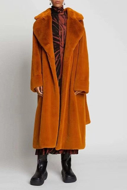 Tie Waist Teddy Faux Fur Long Coat - RedOchre - 1