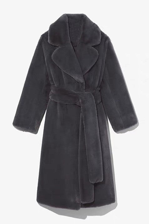 Tie Waist Teddy Faux Fur Long Coat - charcoal