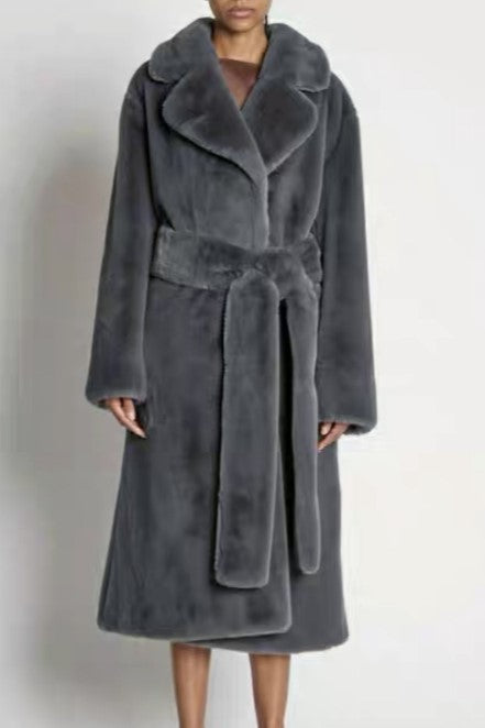Tie Waist Teddy Faux Fur Long Coat - charcoal - 1