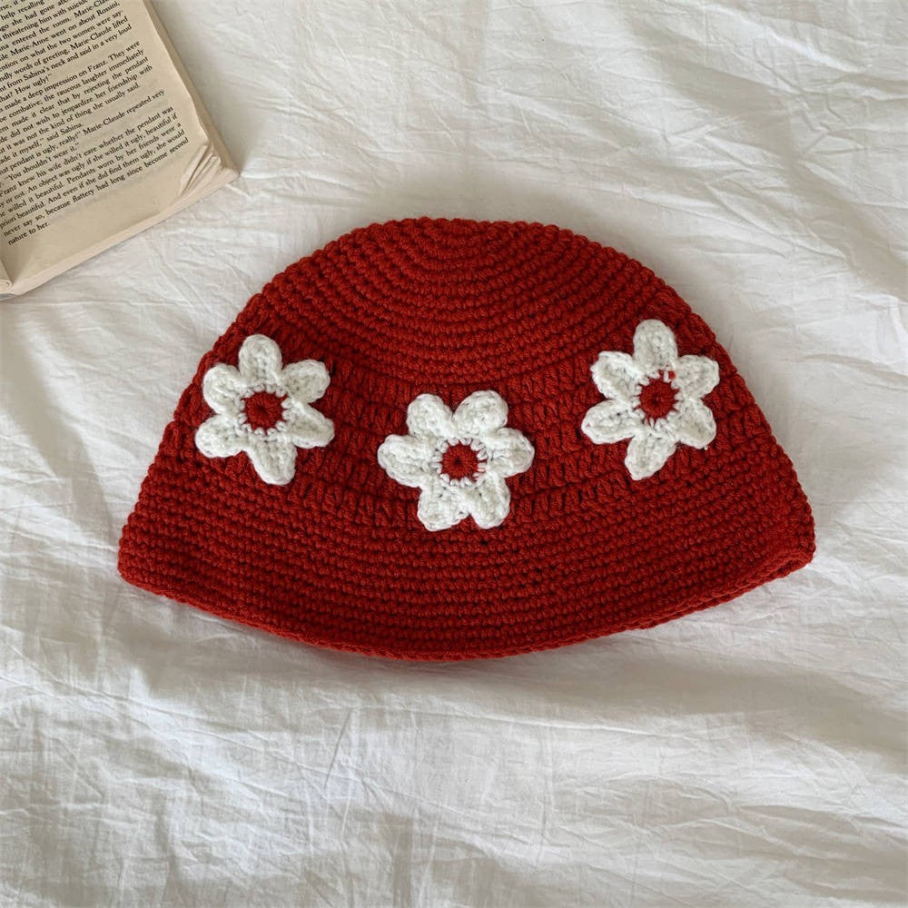 Flower Applique Crochet Knit Bucket Hat - Brick Red