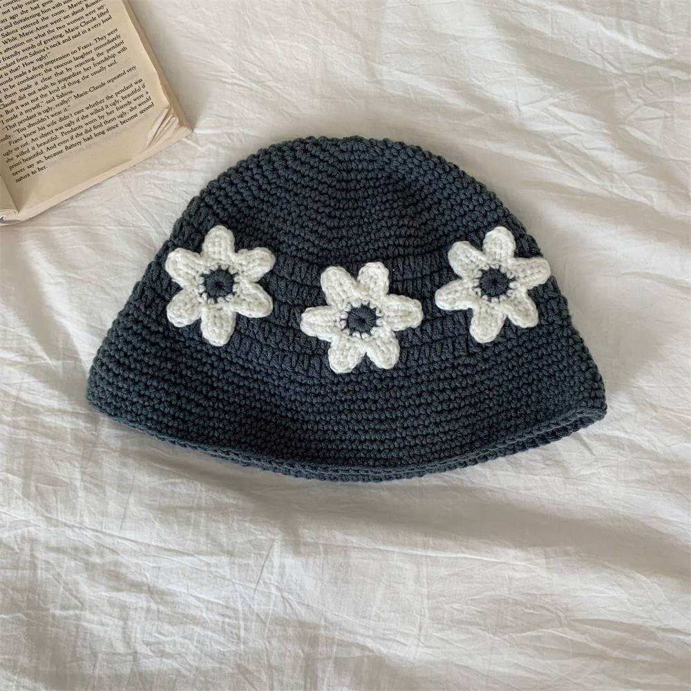Flower Applique Crochet Knit Bucket Hat - Slate Gray