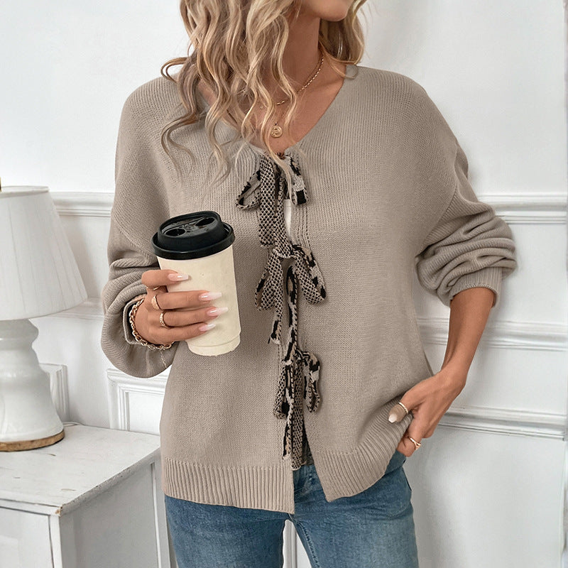 Ribbon Bow Tie Front Knit Cardigan - Apricot - 4
