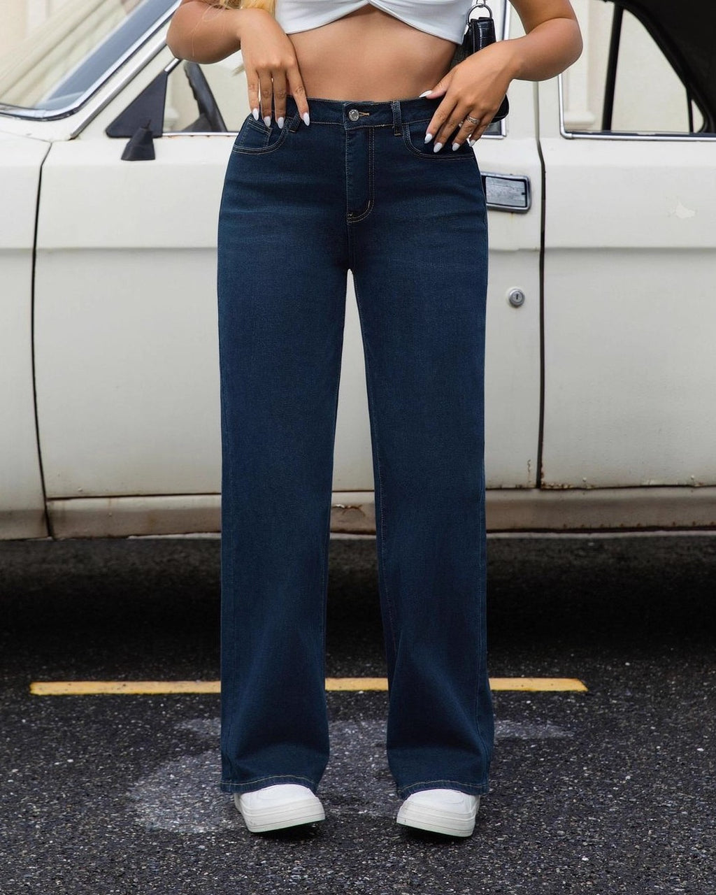 Dark Wash Wide Leg High Rise Jeans - Blue