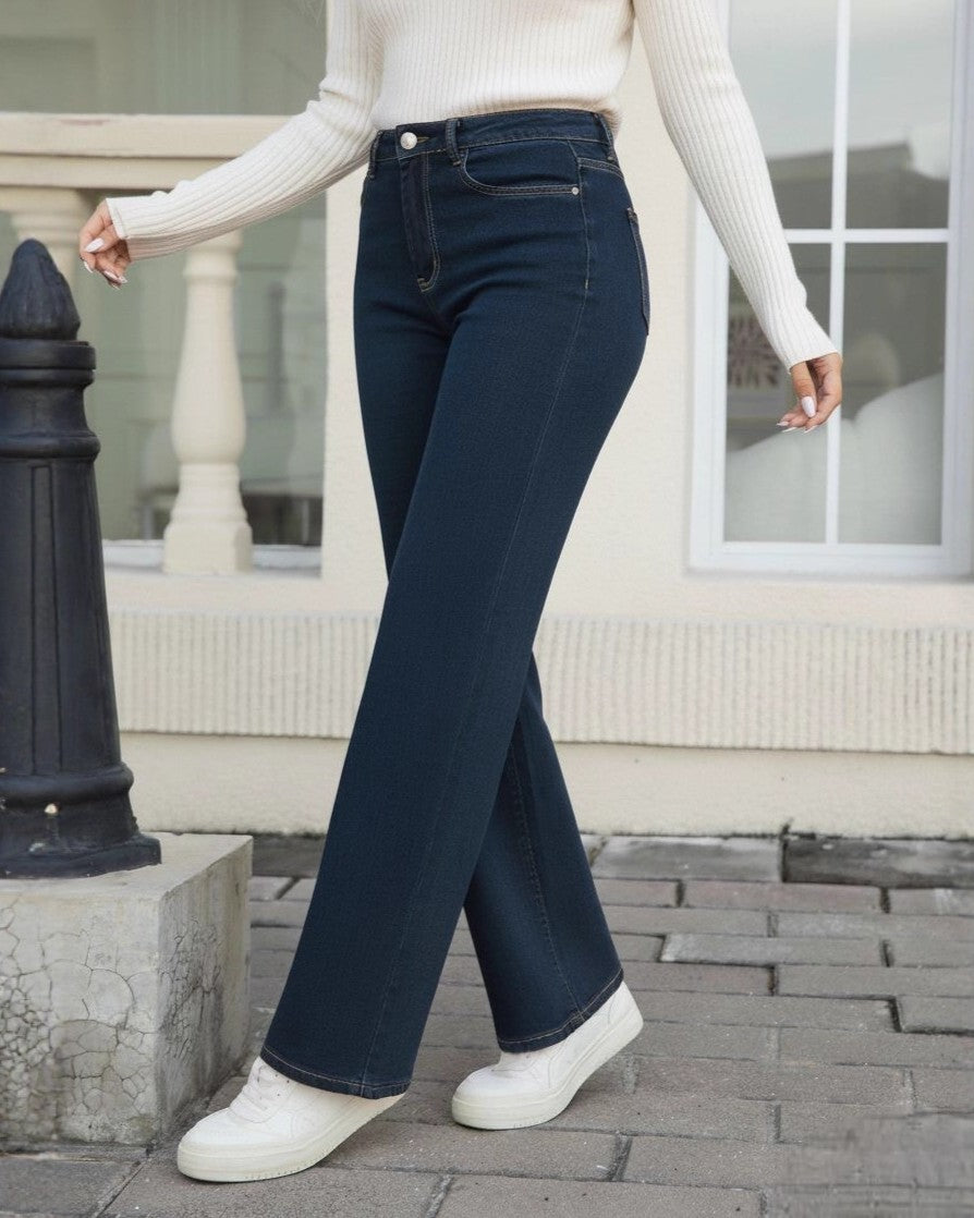 Dark Wash Wide Leg High Rise Jeans - Blue - 2