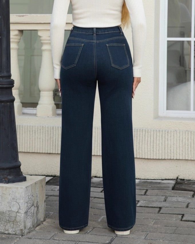 Dark Wash Wide Leg High Rise Jeans - Blue - 3