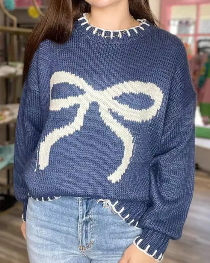 Whipstitch Bow Jacquard Drop Shoulder Sweater - Blue