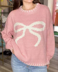 Whipstitch Bow Jacquard Drop Shoulder Sweater - Pink