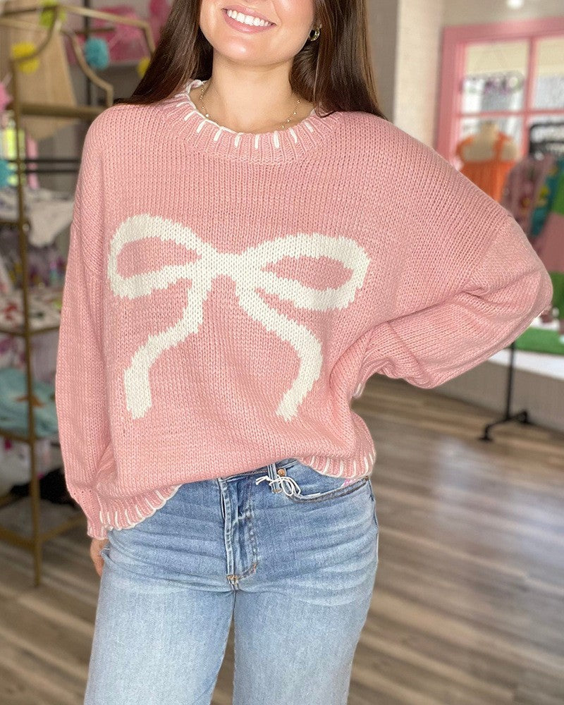 Whipstitch Bow Jacquard Drop Shoulder Sweater - Pink - 1