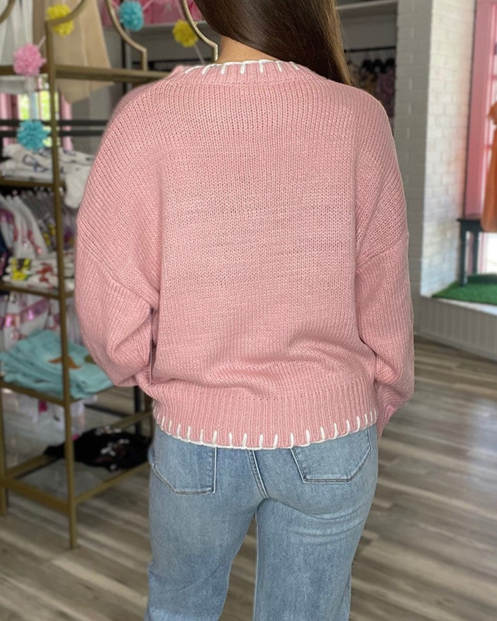 Whipstitch Bow Jacquard Drop Shoulder Sweater - Pink - 2