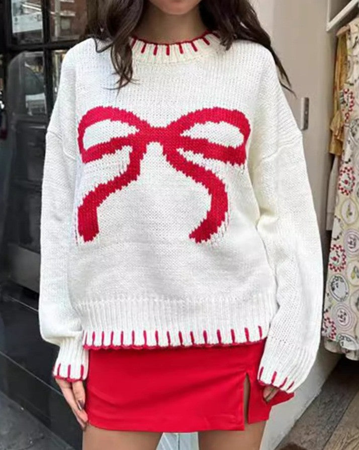Whipstitch Bow Jacquard Drop Shoulder Sweater - White