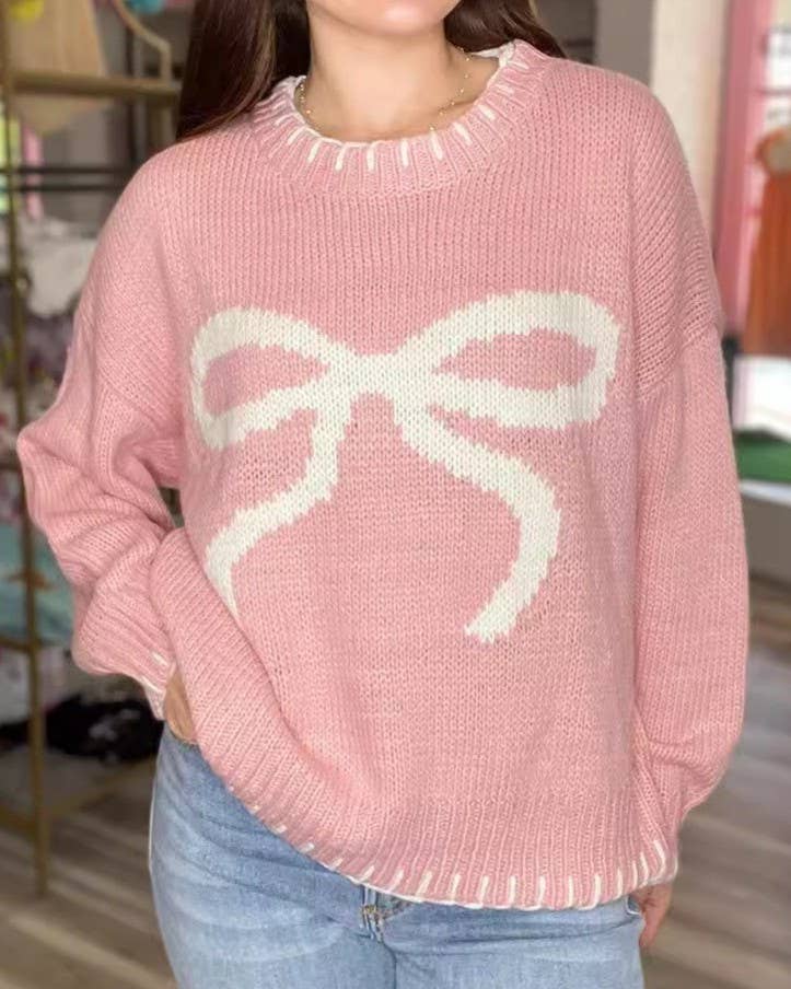 Whipstitch Bow Jacquard Drop Shoulder Sweater