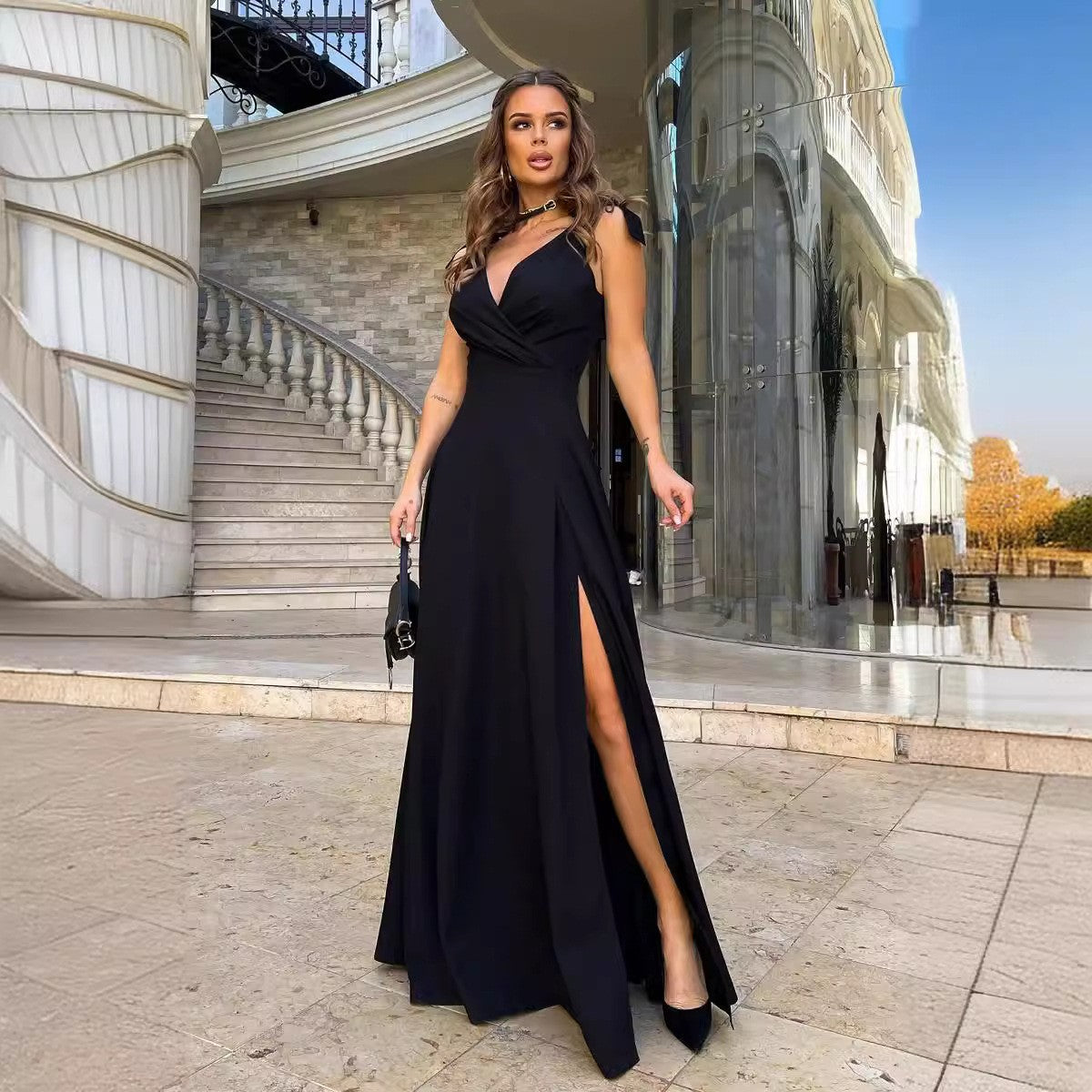 Wrap V Neck Tie Shoulder Thigh Slit Maxi Dress