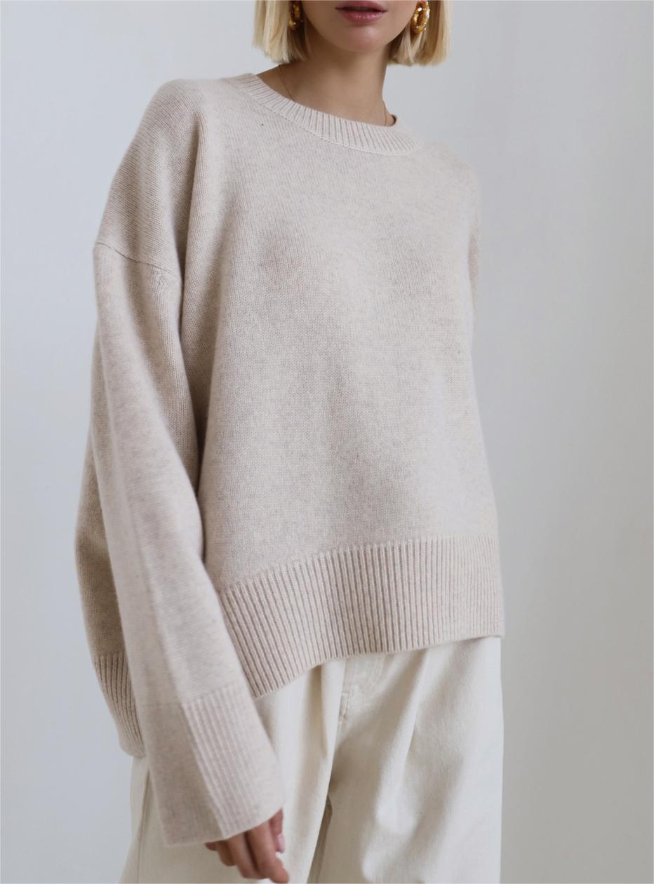 Oversized Crew Neck Side Slit Knit Sweater - Apricot