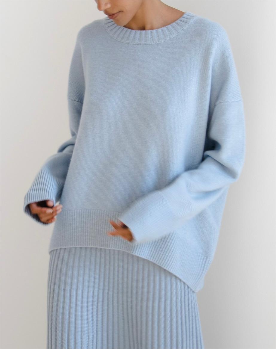 Oversized Crew Neck Side Slit Knit Sweater - blue