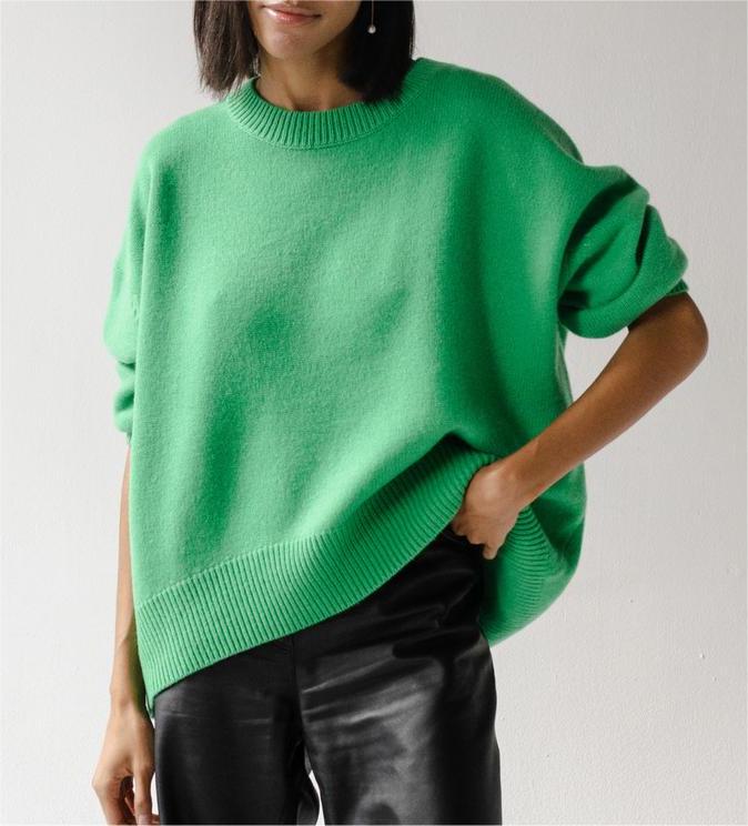 Oversized Crew Neck Side Slit Knit Sweater