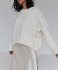 Oversized Crew Neck Side Slit Knit Sweater - white