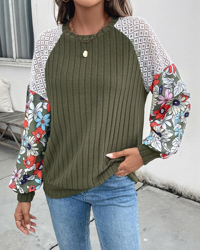 Floral Raglan Sleeve Ribbed Knit Top - Green