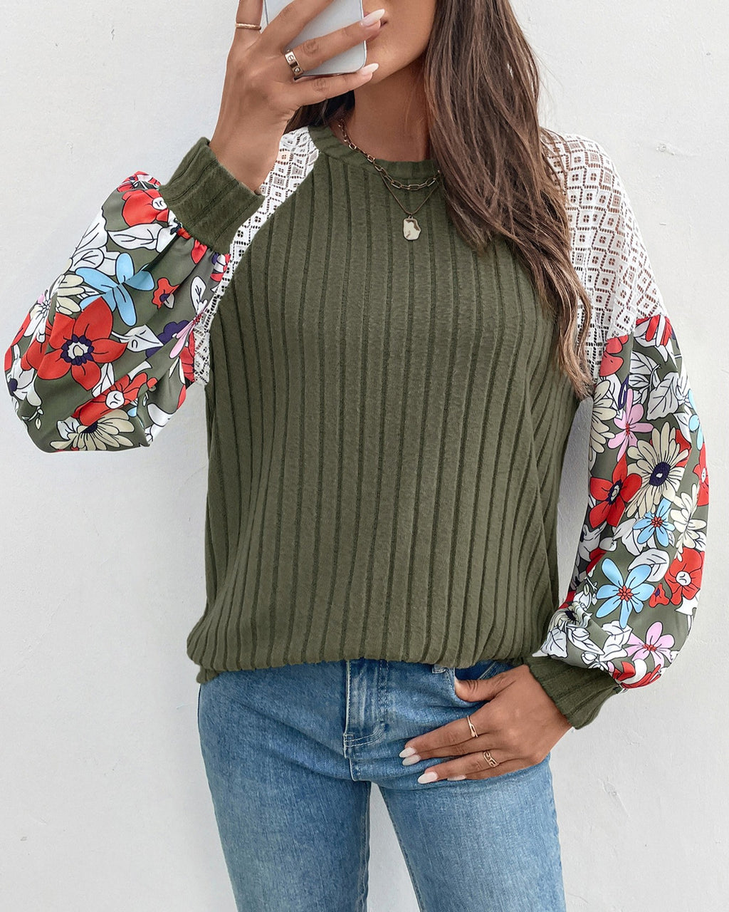 Floral Raglan Sleeve Ribbed Knit Top - Green - 2