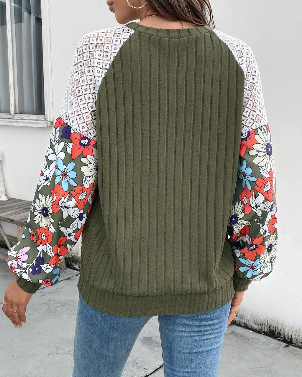 Floral Raglan Sleeve Ribbed Knit Top - Green - 3