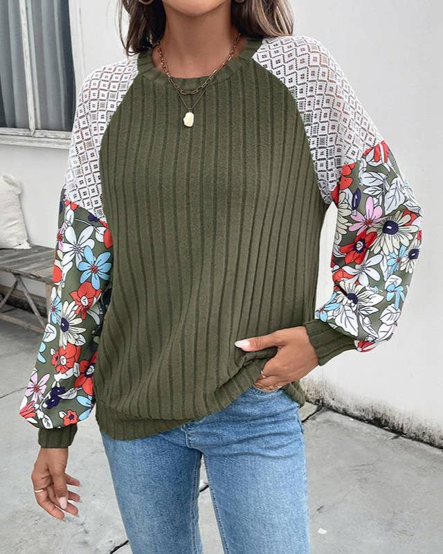 Floral Raglan Sleeve Ribbed Knit Top